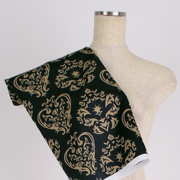 C0337　黒×イエローベージュ　ダマスク柄生地